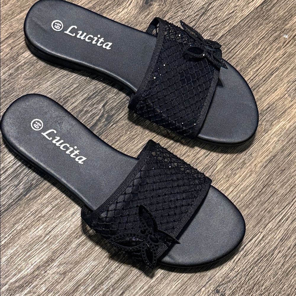 Lucita Black Women's Slide Sandals with Decorative Mesh Strap
